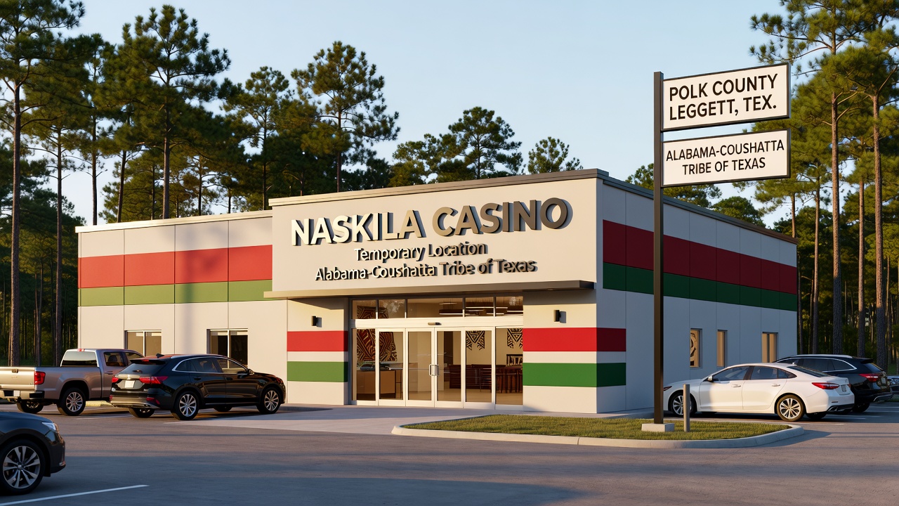 Interior of the Naskila Casino showing rows of gaming machines and the dining area with tables and seating